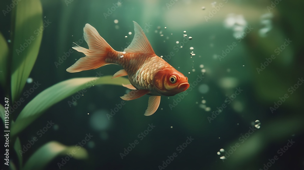 A Single Goldfish Swims Among Aquatic Plants A Single Goldfish Swims Among Aquatic Plants