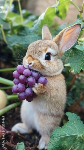 A cute bunny rabbit standing on its hind legs and eating a bunch of purple grapes.