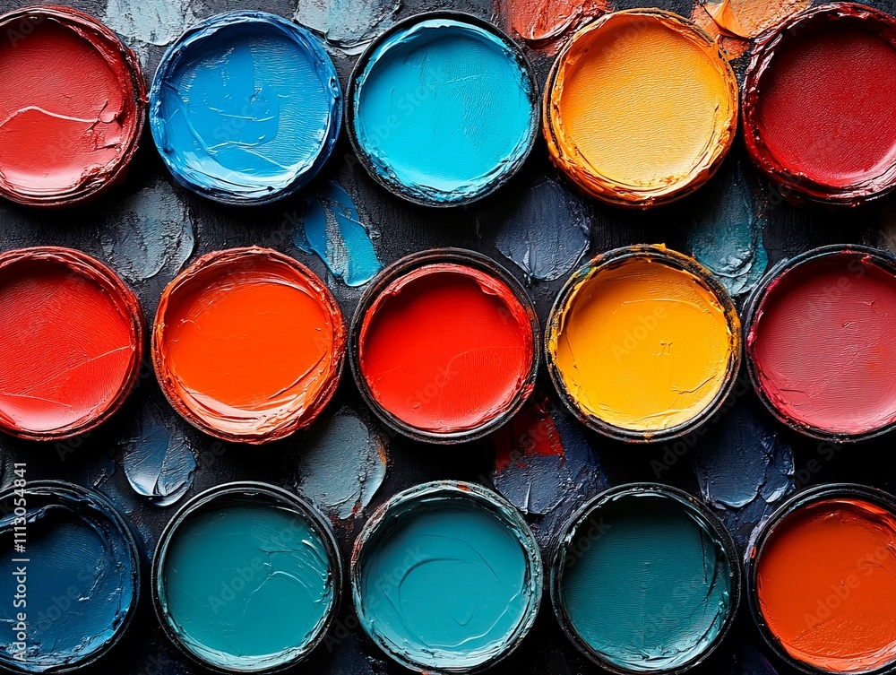 Image shows a used set of paint palettes arranged in a circular pattern on a work surface The palettes contain various shades of blue, green, red, and orange paints Image shows a used set of paint palettes arranged in a circular pattern on a work surface The palettes contain various shades of blue, green, red, and orange paints