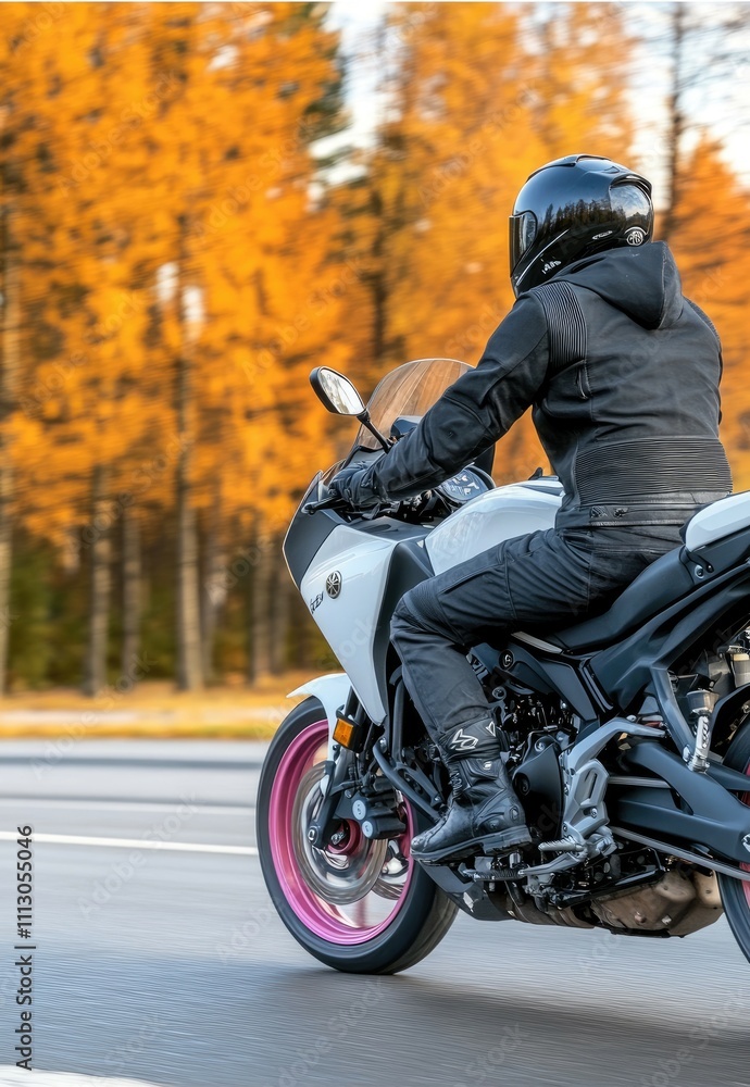 Fototapeta premium A young man in a black helmet and jacket rides a white and pink sport bike with red wheels on an empty parking