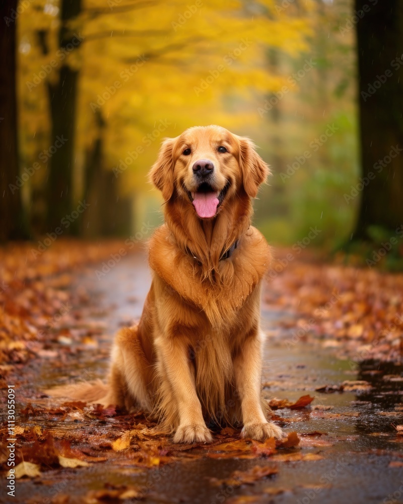 A golden retriever sitting on a path surrounded by autumn leaves and trees. A golden retriever sitting on a path surrounded by autumn leaves and trees.