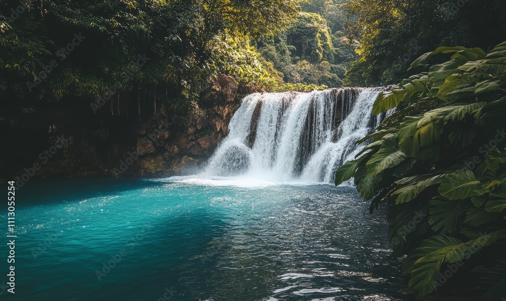 Fototapeta premium A stunning waterfall cascading into a turquoise pool surrounded by lush green foliage.
