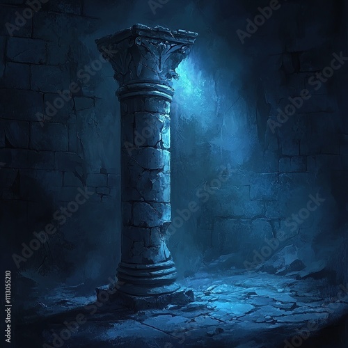 A single stone column stands in a dimly lit, ruined chamber, casting a long shadow on the cracked floor. photo