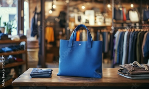 A stylish blue tote bag rests on a display table in a chic clothing store, surrounded by a cozy ambiance.