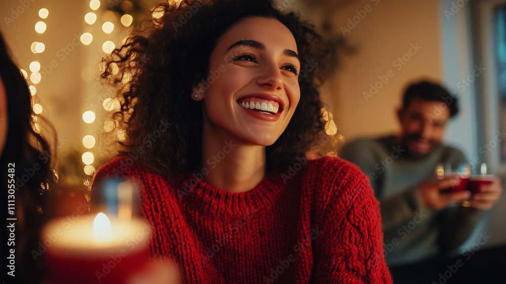 young smiling woman in red knitted sweater celebrating Christmas at home with company of friends having fun together, talking on a party conversation young smiling woman in red knitted sweater celebrating Christmas at home with company of friends having fun together, talking on a party conversation