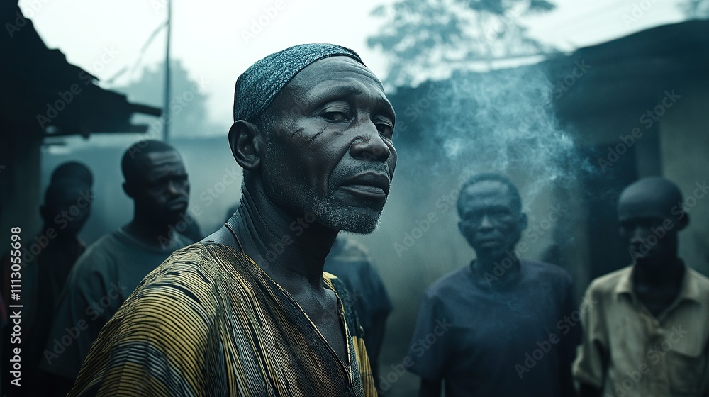 A man in a traditional robe stands with a group of other men in an African village, smoke rising from the ground. A man in a traditional robe stands with a group of other men in an African village, smoke rising from the ground.