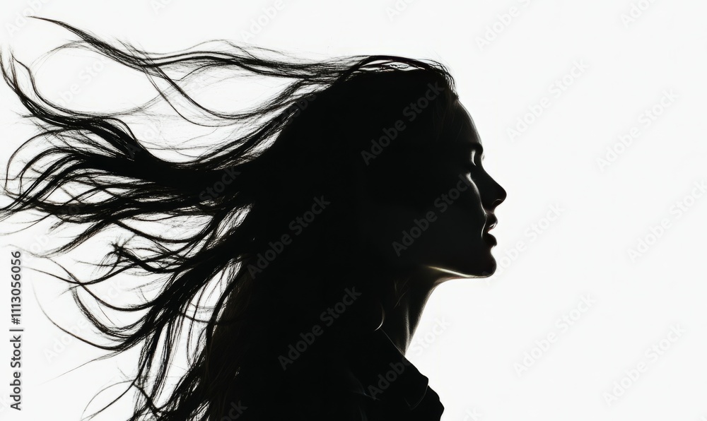 A side profile of a person with long, flowing hair being blown by a strong wind against a stark white background. A side profile of a person with long, flowing hair being blown by a strong wind against a stark white background.