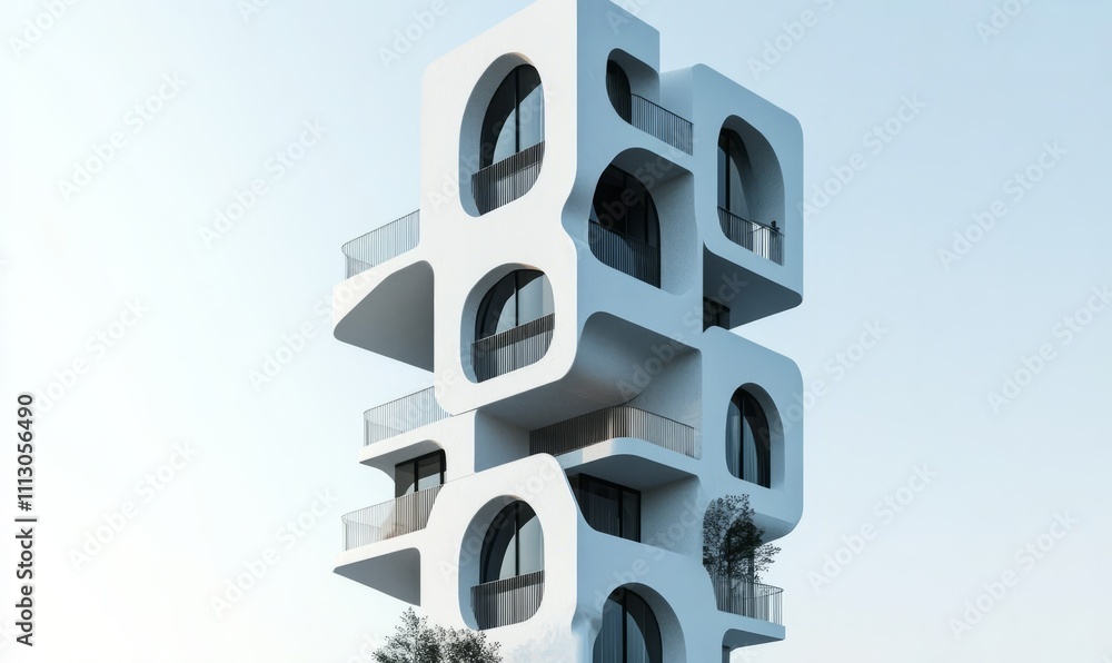 A sleek 8-floor tower. The design features box-like structures on the top floors that create a floating effect, The facade is adorned with arched balconies, windows, minimalistic yet impactful. A sleek 8-floor tower. The design features box-like structures on the top floors that create a floating effect, The facade is adorned with arched balconies, windows, minimalistic yet impactful.
