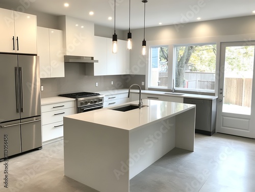 モダンでミニマルなアイランドキッチンのある白いキッチンインテリア | Modern Minimalist White Kitchen Interior