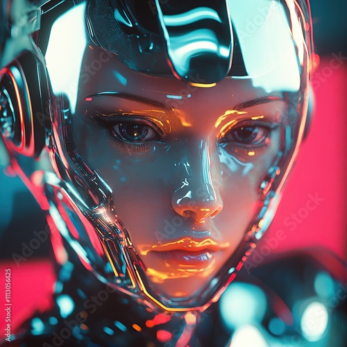 A woman in a futuristic helmet with glowing lights. photo