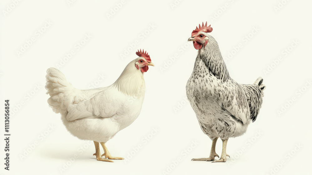 Fototapeta premium Chickens standing side by side on a white background