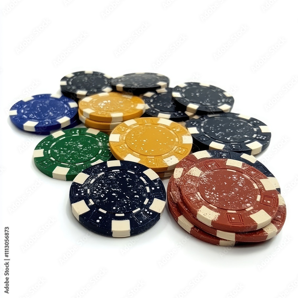 A collection of colorful poker chips arranged in a casual pile for gaming purposes. A collection of colorful poker chips arranged in a casual pile for gaming purposes.