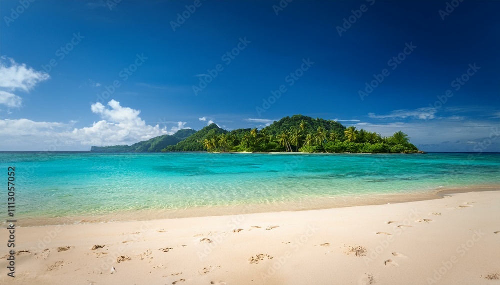 Sandy tropical beach with island on background Sandy tropical beach with island on background