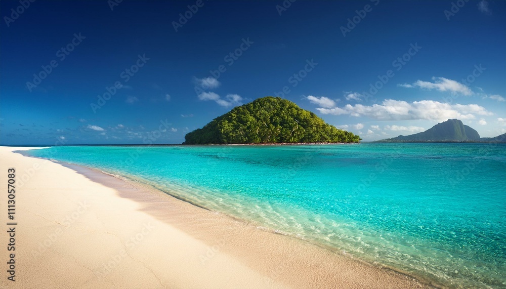 Sandy tropical beach with island on background Sandy tropical beach with island on background