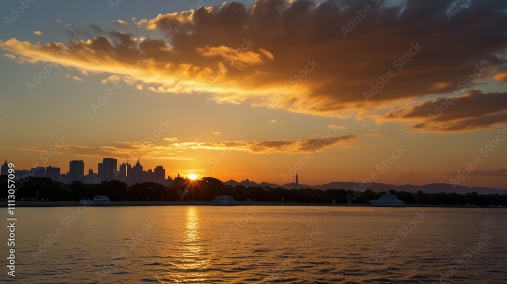 Naklejka premium Stunning sunset over cityscape reflected on calm lake water.