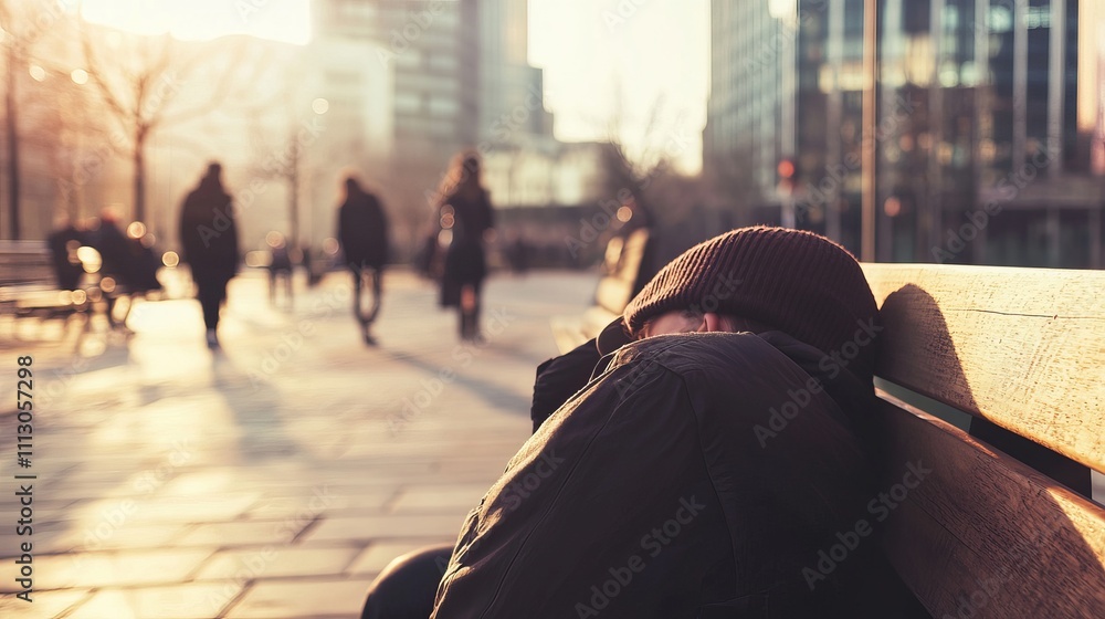 Obraz premium A man in a beanie peacefully sleeps on a bench in a bustling city street filled with commuters.