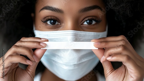 Young Black woman holding a test strip while wearing a protective mask, showcasing focus and determination. photo