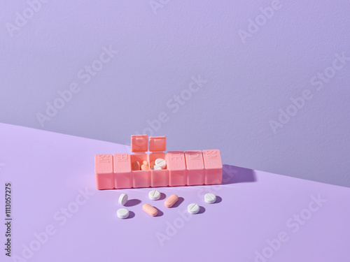 Pink Pill Organizer on Pastel Background With Loose Pills photo