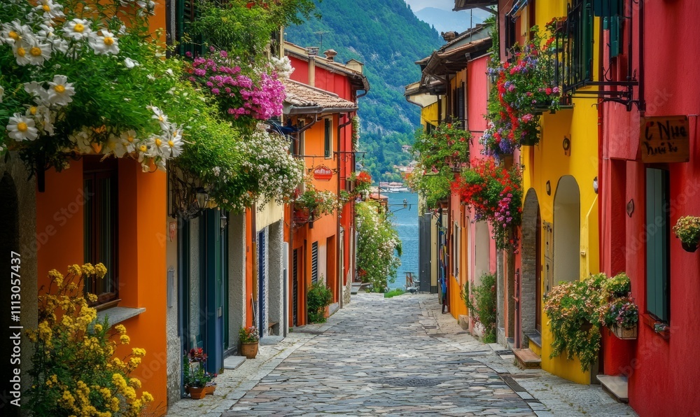 Fototapeta premium A vibrant street lined with colorful houses and blooming flowers creates a picturesque and lively atmosphere. The charming architecture