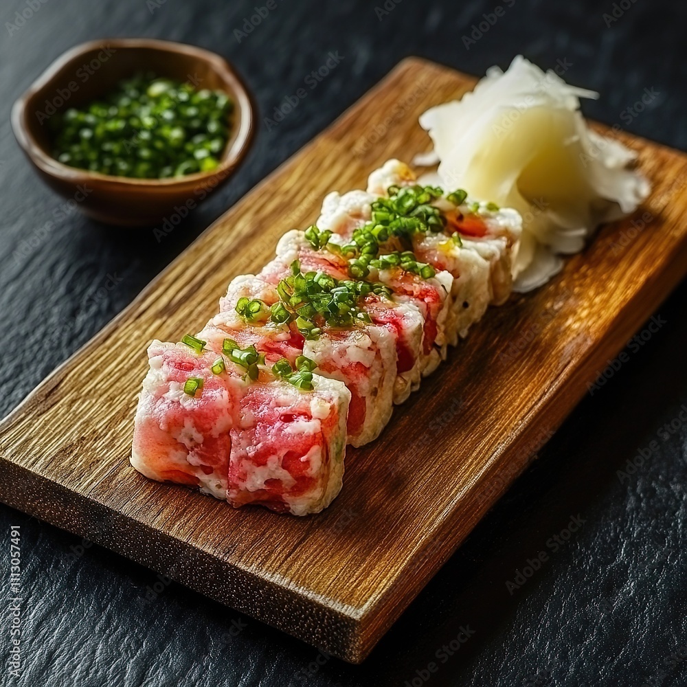 A close-up of a plate of fresh tuna sushi with green onions and pickled ginger. A close-up of a plate of fresh tuna sushi with green onions and pickled ginger.
