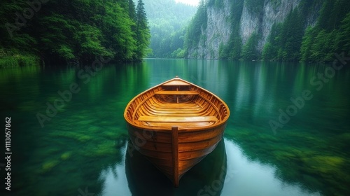 Wallpaper Mural Here's a description and keywords for your stock photo.. Serene wooden rowboat on a tranquil, emerald green lake nestled in a lush forest with dramatic cliffs. Torontodigital.ca