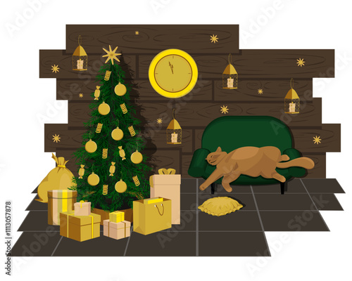 Vector illustration of cozy Christmas party with presents and cat