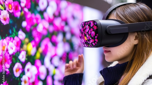 A woman experiences virtual reality with a headset, immersed in vibrant floral imagery.