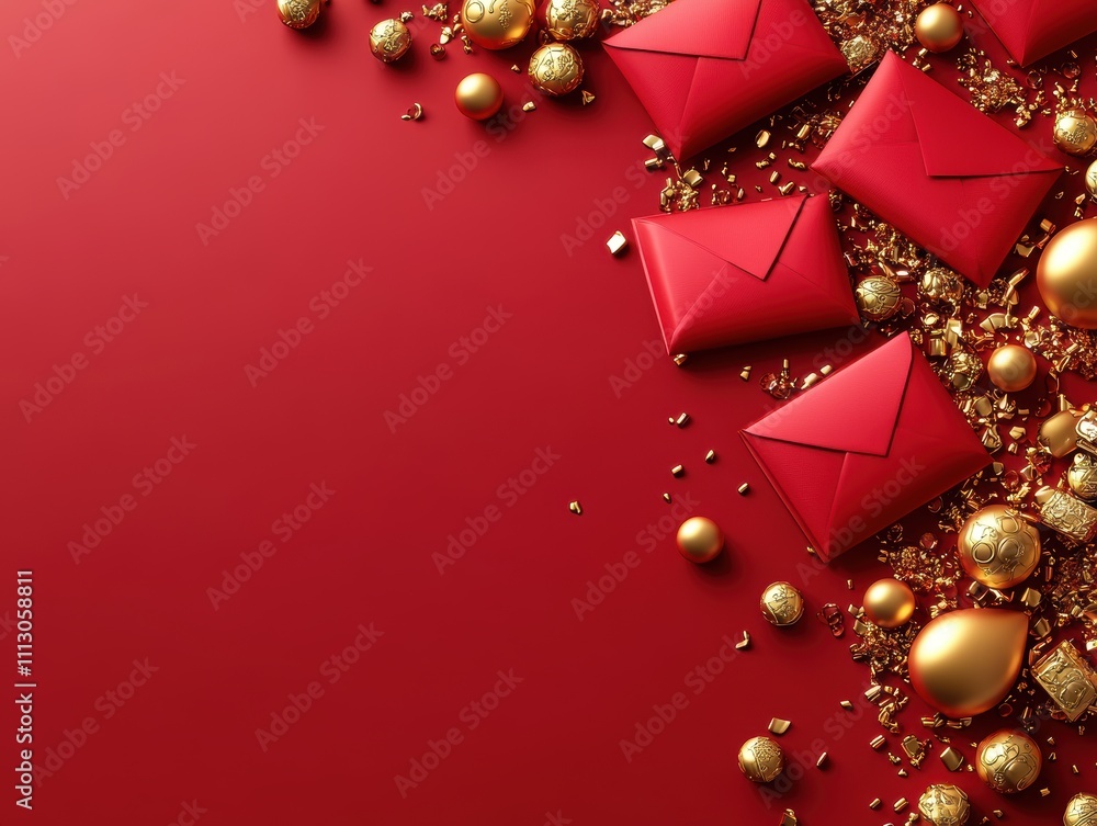 Red envelopes and golden ornaments arranged on a vibrant red background.