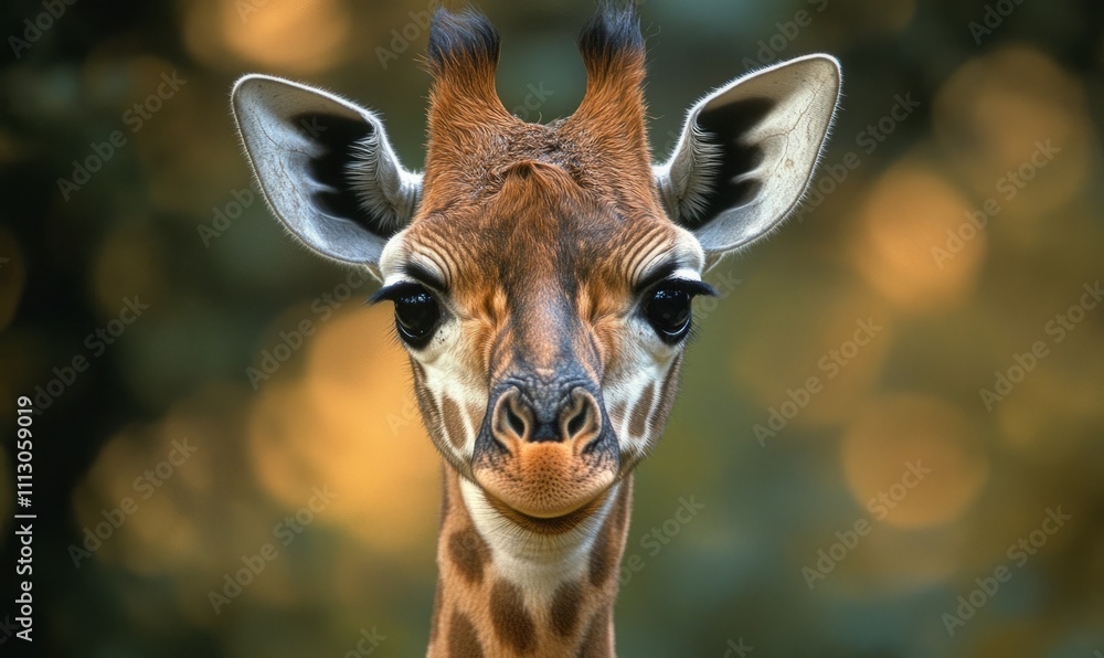 Fototapeta premium A young giraffe with large, curious eyes stares directly into the camera, surrounded by soft, blurred background foliage.