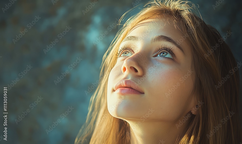 A young woman gazes upward with a serene expression, her eyes reflecting a deep sense of wonder. A young woman gazes upward with a serene expression, her eyes reflecting a deep sense of wonder.