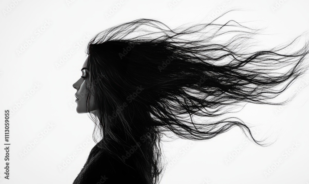 A side profile of a person with long, flowing hair being blown by a strong wind against a stark white background. A side profile of a person with long, flowing hair being blown by a strong wind against a stark white background.