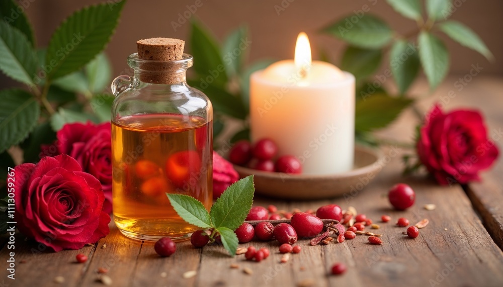 Rosehip-infused oil with candle background – A calming arrangement featuring rosehip oil, a candle, and berries, symbolizing relaxation and wellness Rosehip-infused oil with candle background – A calming arrangement featuring rosehip oil, a candle, and berries, symbolizing relaxation and wellness