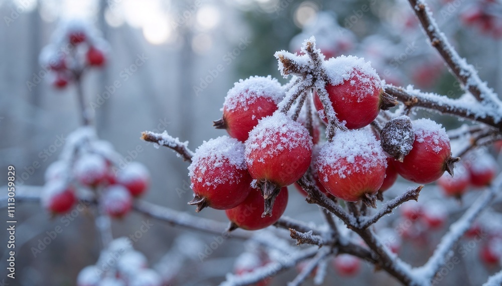 Frost-covered red berries on branches in a winter forest setting with blurred background
