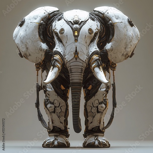 A futuristic robotic elephant with a white and gold exoskeleton. photo