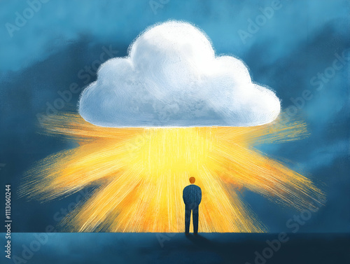 A person stands in front of a cloud emitting golden rays of light, symbolizing hope and inspiration amidst a dark background.