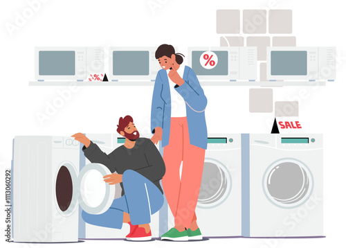 Young family couple customers cartoon characters choosing washing machine at electronics store