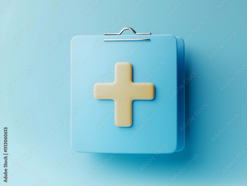 Fototapeta premium A minimalist blue clipboard featuring a prominent yellow medical cross symbol, symbolizing health and care.