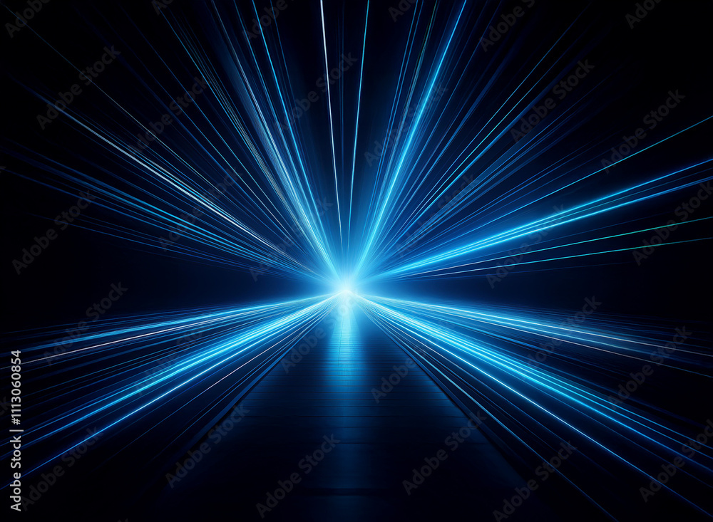 Obraz premium Intense blue light streaks radiate from a central point, creating a dynamic, high-speed visual effect against a dark background. The light suggests movement and energy.