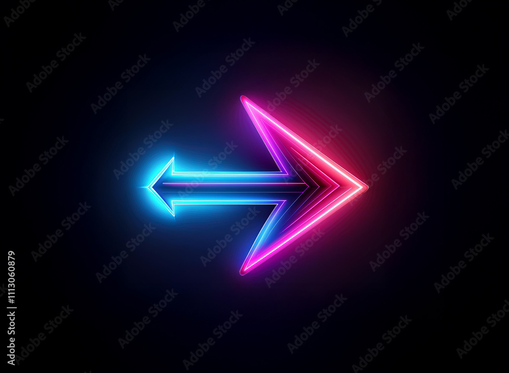 A vibrant neon arrow points right, glowing with pink and blue light against a dark background. Its sleek, triangular design suggests direction and movement. A vibrant neon arrow points right, glowing with pink and blue light against a dark background. Its sleek, triangular design suggests direction and movement.