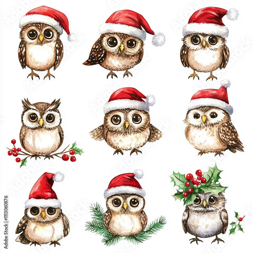 A set of adorable watercolor owls wearing Christmas hats, each owl in its own separate square with a white background and border