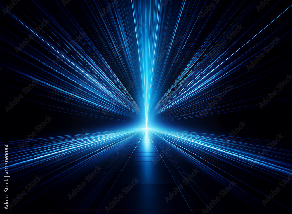 Obraz premium Abstract image depicting a bright blue light emanating from a central point, creating a dynamic, radiating effect against a black background. The light streaks suggest speed and movement.