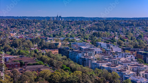 Panorama Aerial view above Rhodes with views to Meadowbank and Olympic park and Wentworth Point and Concord West with Parramatta River in Sydney NSW Australia photo