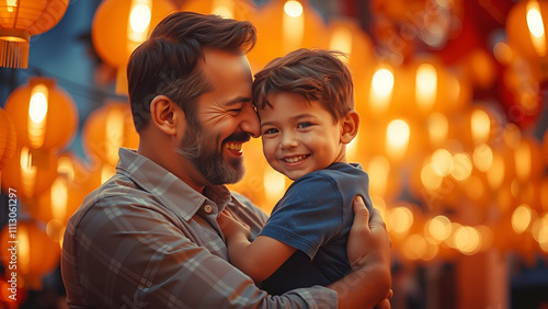 Father's day, happy father hugs his son against the background of glowing lanterns macro, Hug Day