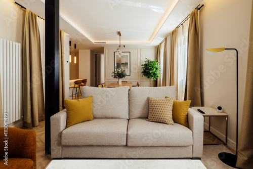 Modern living room with neutral decor and cozy atmosphere