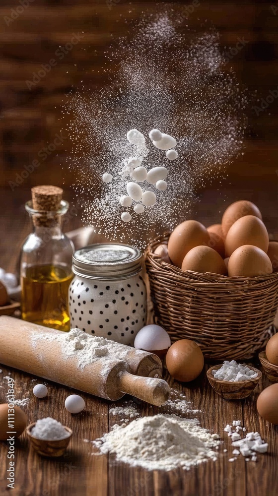 Baking tools and fresh ingredients are arranged neatly on a wooden table, showcasing the essence of homemade cooking in a rustic kitchen
