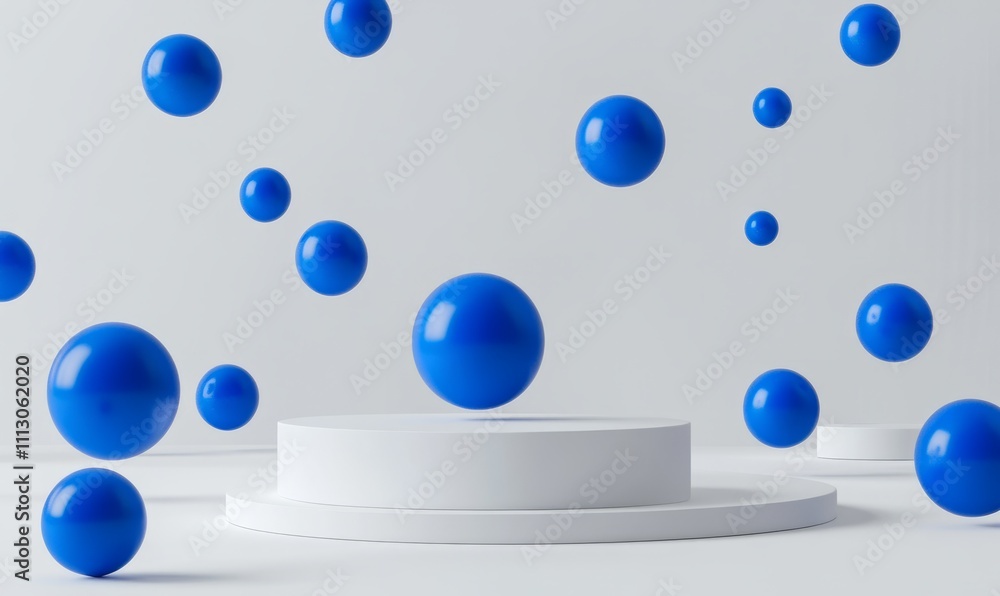 Abstract minimalist background with blue spheres and white platform Abstract minimalist background with blue spheres and white platform