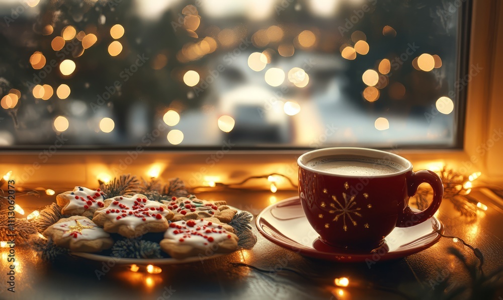Fototapeta premium A warm holiday scene with a cup of coffee and decorated Christmas cookies on a plate by the window, surrounded by festive lights.