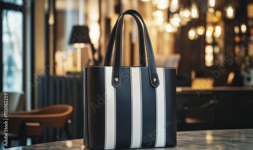 A stylish black leather tote bag with white stripes is elegantly displayed in a boutique, showcasing its sophisticated design and high-quality craftsmanship.