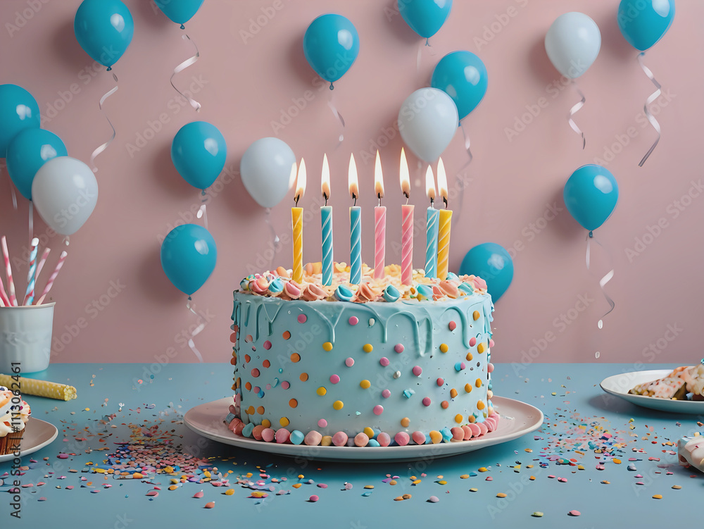 blue fresh cream birthday cake with sprinkles and candles sits on plate on blue table, blue and white balloons on pink backdrop, 300ddpi, empty space for text, wallpaper, minimalism blue fresh cream birthday cake with sprinkles and candles sits on plate on blue table, blue and white balloons on pink backdrop, 300ddpi, empty space for text, wallpaper, minimalism