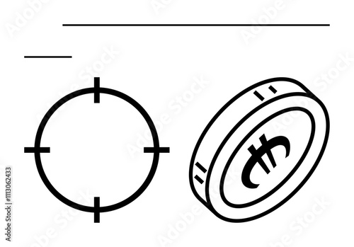 Coin with currency symbol and target circle with horizontal line. Ideal for financial planning, investment strategies, goal setting, budgeting, saving plans, economic forecasts, wealth management